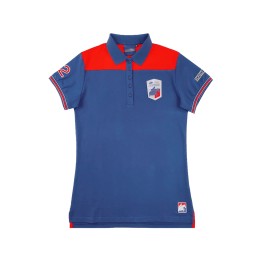 Order short-sleeved women's Polo shirt, contrasting sleeve edges, embroidered LOGO, equestrian competition, short front and long slit at the back, five-button chest, blue with red P1564 Order short-sleeved women's Polo shirt, contrasting sleeve edges, embroidered LOGO, equestrian competition, short front and long slit at the back, five-button chest, blue with red P1564